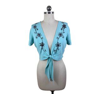 Y2K Studio I Cardigan Tie Beloro Womens 10 Blue Embroidered Beaded Festival Boho